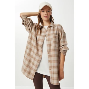 Happiness İstanbul Kareli Oversize Oduncu Gömlek LDZ0049 Krem Bej