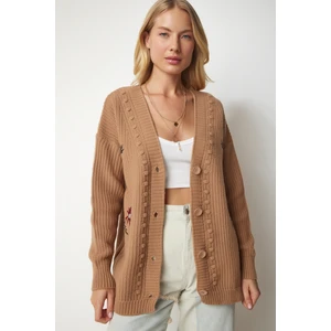 Happiness İstanbul Çiçek Nakışlı Dokulu Triko Hırka LKG0004 Bisküvi