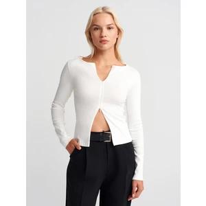 31993 Fermuar Detaylı Uzun Kollu Top-Ekru