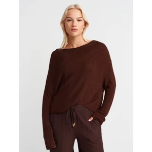 10804 Kayık Yaka Basic Triko Kazak-Kahve