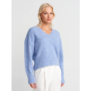 10645 V Yaka Yumuşak Dokulu Triko Kazak-Indigo M.