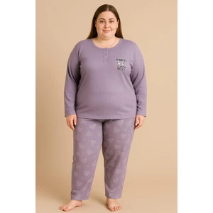 Kadın 05114 Büyük Beden % 100 Pamuk Raporlu Interlok Pijama Takımı Mor