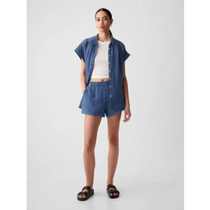 Kadın Mavi Crinkle Gauze Denim Easy Şort