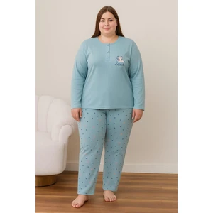 Kadın 05108 Büyük Beden % 100 Pamuk Raporlu Interlok Pijama Takımı Mavi