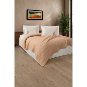 Tek Kişilik 3 Parça Nakışlı Waffle Dokuma Pike Takımı-Hediyelik Petekli Pike Legacy-Kapuçino