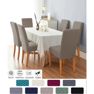 Tuğla Desen Likrali Jakarlı Kümaş Sandalye Örtüsü, Lastikli, Esnekli Sandalye Kılıfı 6 Adet