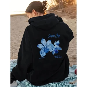 Çiçek Baskı Detaylı Içi Polarlı Kapüşonlu Sweatshirt