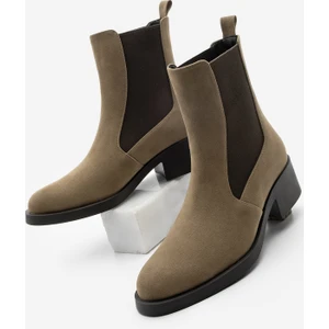 Kadın Elastik Yan Bantlı Topuklu Günlük Bot Espato Vizon Süet