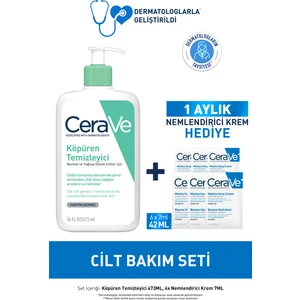 Cilt Bakım Seti – Parfümsüz Köpüren Temizleyici 473 ml ve 3 Temel Seramidli Hyalüronik Asitli Nemlendirici 6x7 ml