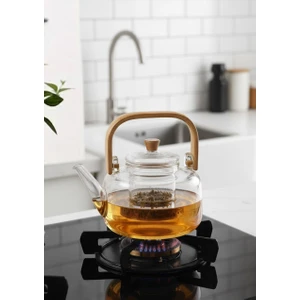 Borosilikat Cam Demlik - Bambu Kulplu Bitki Demliği - Isıya Dayanıklı 800 ml