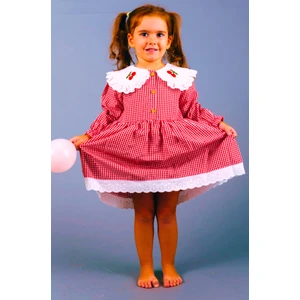 Mini Kiti Kız Çocuk Bebek Kırmızı Beyaz Pötikareli Yakası Kiraz Nakışlı Eteği Fistolu Fırfırlı Elbise