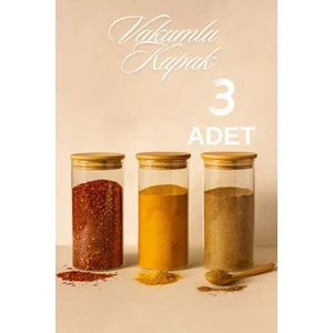 3’lü Düz Cam Baharatlık Seti – Hava Geçirmez Bambu Vakum Kapaklı Kavanoz Seti 1095 ml