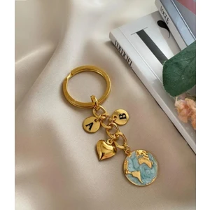 Iki Harfli Dünya Anahtarlık Gold Turkuaz