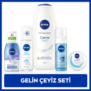 NIVEA Gelin Çeyiz Seti, Duş Jeli 500ml, Yüz Yıkama Köpüğü, Pump Deodorant,Göz Makyaj Temizleyici, Krem 100ml