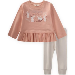 Tavşan Baskılı Eteği Fırfırlı Taytlı Takım 1-6 Yaş Yavruağzı
