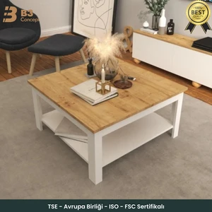 B3CONCEPT Nort Serisi Modern Dekoratif Raflı Kare Salon Orta Sehpa Safir Meşe Beyaz