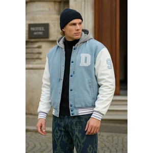 Erkek Oversize Kapşonlu B. Mavi Kot Kolej Ceket