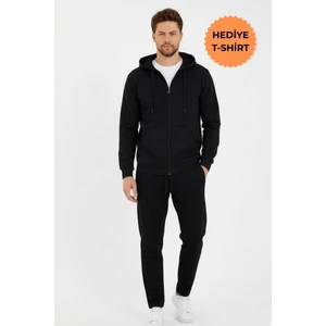Siyah Kapüşonlu Regular Fit Hırka Düz Paça Erkek Eşofman Takımı