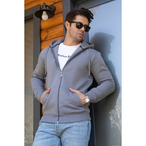 Kapüşonlu Boydan Fermuarlı  3 Iplik Şardonlu Pamuklu Sweatshirt