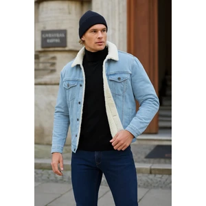 Erkek Peluş Kürklü Basic Salaş B.mavi Kot Ceket