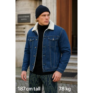 Erkek Peluş Kürklü Basic Salaş Mavi Kot Ceket