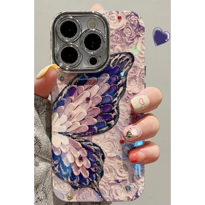 iPhone 15 Kılıf Renk Geçişli Taşlı Kamera Lens Korumalı Simli Mor Kelebek Desenli Darbe Emici Kapak