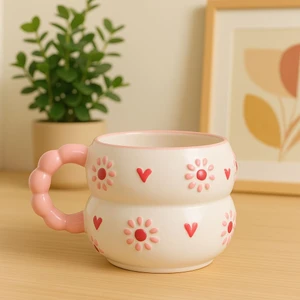 Boncuk Kulp Katmerli Pembe Papatya Kalp ‘ Li Desenli Özel Kabartmalı El Işlemeli Seramik Kupa