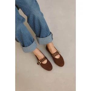Acı Kahve Süet Renk Zımbalı Çift Tokalı Kadın Babet | Günlük Rahat Düz Taban Mary Jane Ayakkabı Moda