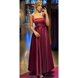 Vişne Renk  Kalın Askı Kloş Etekli Saten Midi Abiye Elbise 7631