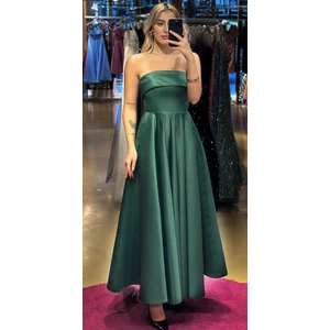 Yeşil Kloş Etekli Saten Midi Abiye Elbise 7647