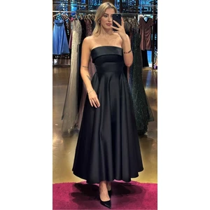 Siyah Kloş Etekli Saten Midi Abiye Elbise 7647