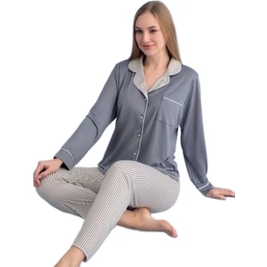 Gabriella Uzun Kollu Düğmeli Kadın Pijama Takımı Ev Giyim Hediyelik