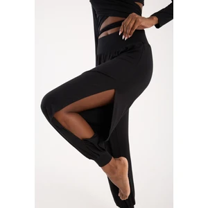 Siyah Viskon Beli Lastikli Yandan Yırtmaçlı Dökümlü Şalvar Pantolon Kadın Günlük Bohem Tarz (M)