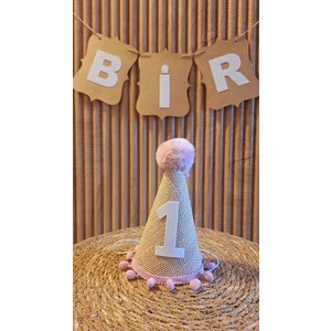 1 Yaş Şapka Jüt Kumaş Pembe Ponponlu Şapka Doğum Günü Şapkası Bir Şapka Ponponlu Çuval Kumaşlı