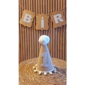 1 Yaş Şapka Jüt Kumaş Krem Ponponlu Şapka Doğum Günü Şapkası Bir Şapka Ponponlu Çuval Kumaşlı