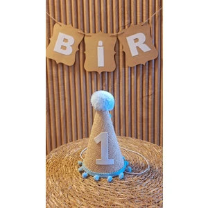 1 Yaş Şapka Jüt Kumaş Mavi Ponponlu Şapka Doğum Günü Şapkası Bir Şapka Ponponlu Çuval Kumaşlı