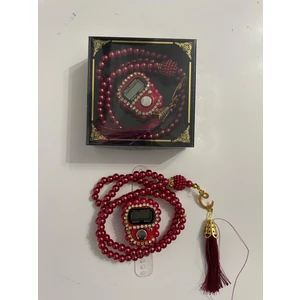 Mevlüt Bebek Hediyelik Taşlı Zikirmatik ve Inci Tesbih 99 Lu Set - Kırmızı Renk