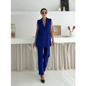 Saks Mavi Kuşak Bağlamalı Yelek Kemerli Havuç Pantolon Dokuma Kumaş Ikili Takım