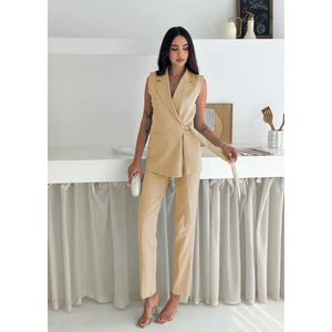 Krem Kuşak Bağlamalı Yelek Kemerli Havuç Pantolon Dokuma Kumaş Ikili Takım