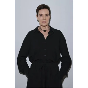 Siyah Serin Oversize Keten Gömlek