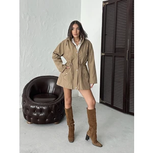 Kadın Suya Dayanıklı Trençkot Kapüşonlu Ekoseli Bonded Kumaş Trençkot