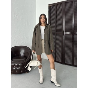 Kadın Suya Dayanıklı Trençkot Kapüşonlu Ekoseli Bonded Kumaş Trençkot