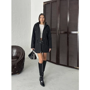 Kadın Suya Dayanıklı Trençkot Kapüşonlu Ekoseli Bonded Kumaş Trençkot