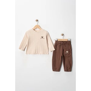 Bej Üst ve Kahverengi Pantolon Kız Bebek Takımı