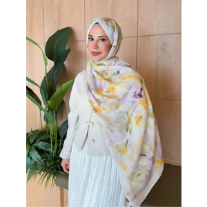 Retro Desen Pamuk Soft Şal Kadın Sarı Lila