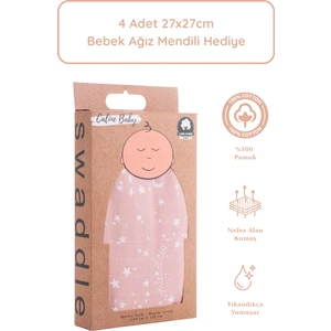Caline Baby %100 Pamuk Premium & Hafif Müslin Bezi Örtüsü I 120x120 cm I Pembe I Yıldız Desenli &  4 Adet Ağız Mendili 27x27cm