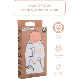 Caline Baby %100 Pamuk Premium & Hafif Müslin Bezi Örtüsü I 120x120 cm I Gri I Safari Desenli &  4 Adet Ağız Mendili 27x27cm