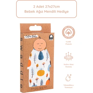 Caline Baby %100 Pamuk Premium & Hafif Müslin Bezi Örtüsü I 90x75 cm I Mavi I Balkabağı Desenli &  2 Adet Ağız Mendili 27x27cm