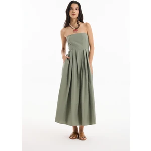 Straplez Pile Detaylı Uzun Elbise Haki