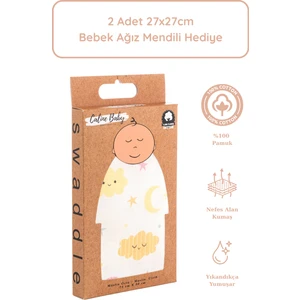 Caline Baby %100 Pamuk Premium & Hafif Müslin Bezi Örtüsü I 90x75 cm I Sarı I Bulut Desenli &  2 Adet Ağız Mendili 27x27cm